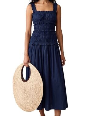 O.P.T. Few Moda Freya Cotton Maxi Sundress Navy Blue Smocking NWT
